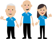 Cartoon picture of chirp technicians in blue polo uniform waving